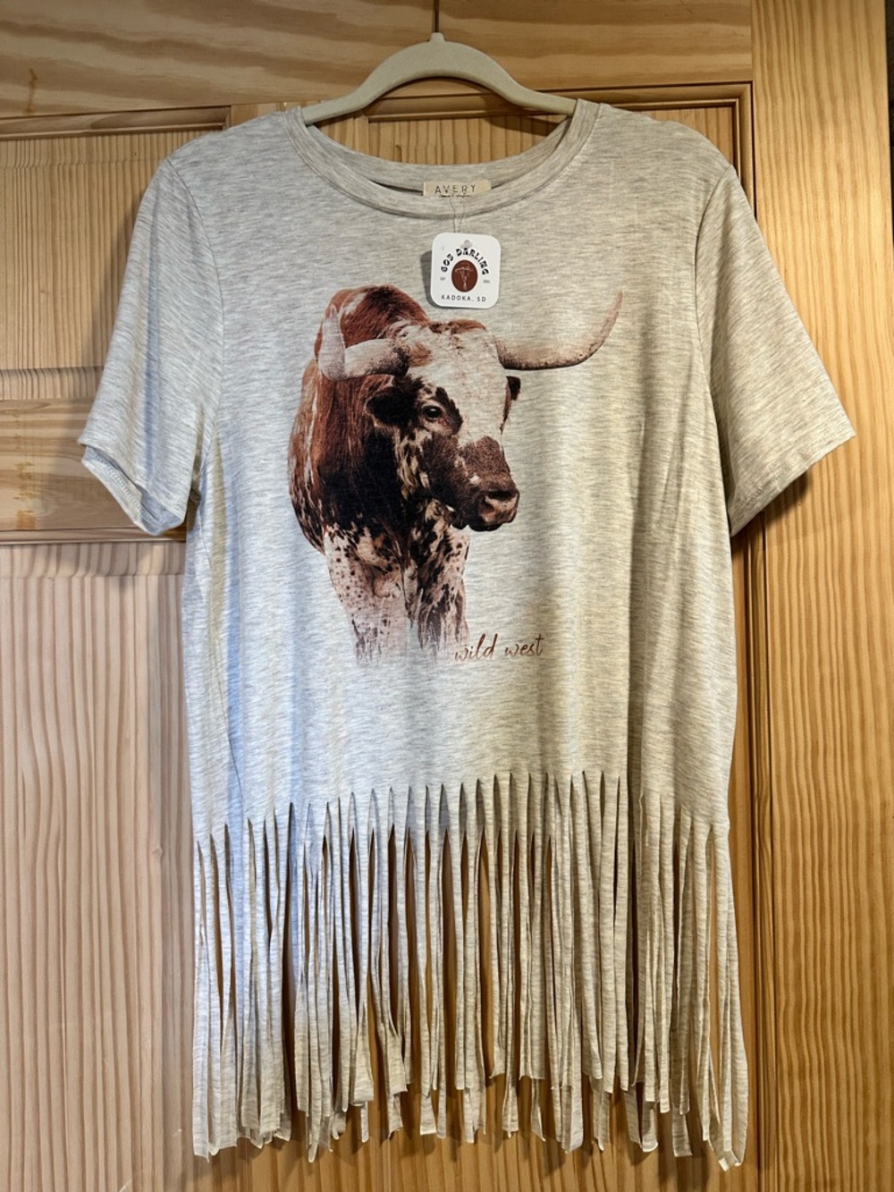 Avery tan Short-Sleeve Fringe Tee with Bull Graphic